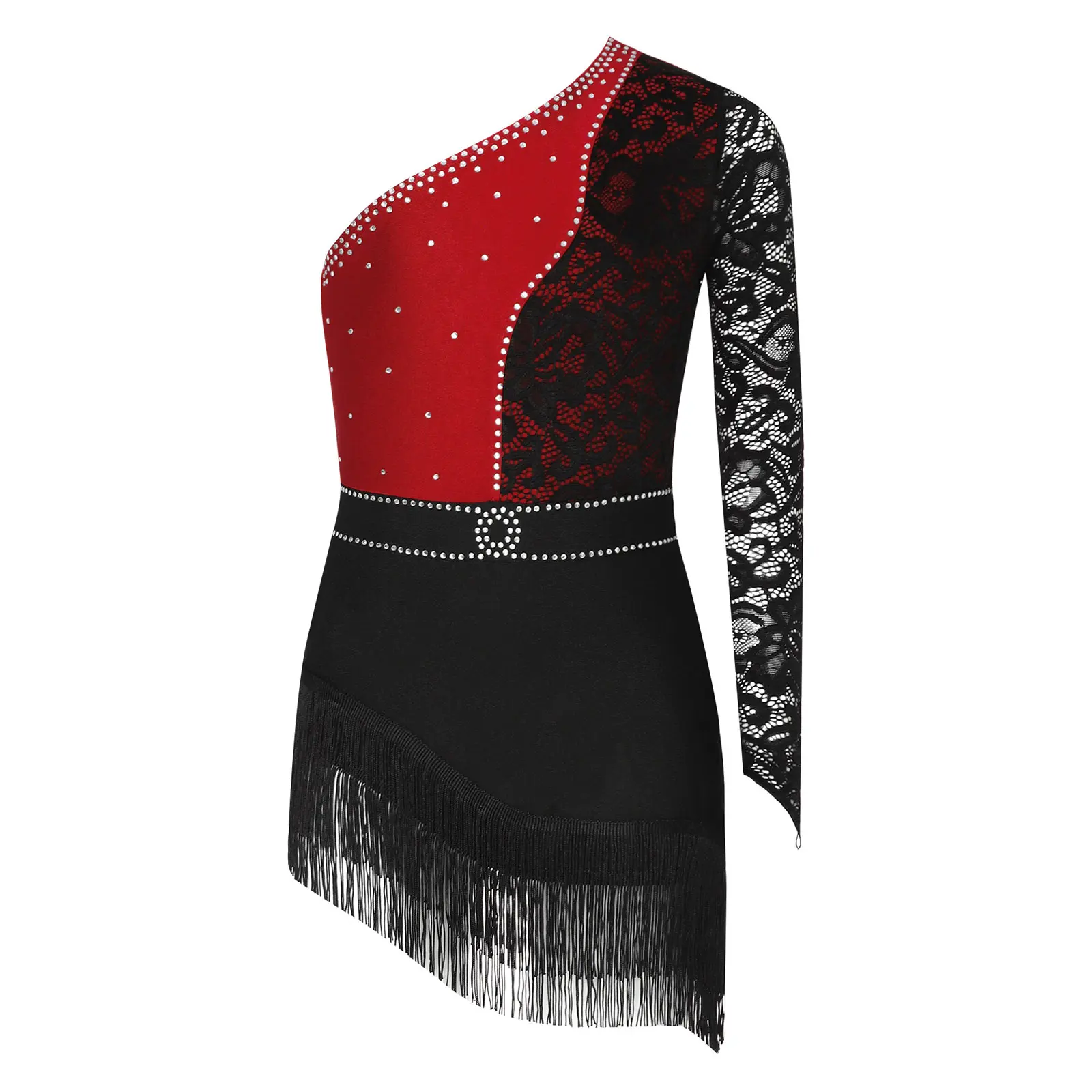 

Kids Girls Jazz Latin Dance Dress Shiny Rhinestones Lace One Long Sleeve Tassels Leotard Dress Samba Rumba Cha Cha Dance Costume