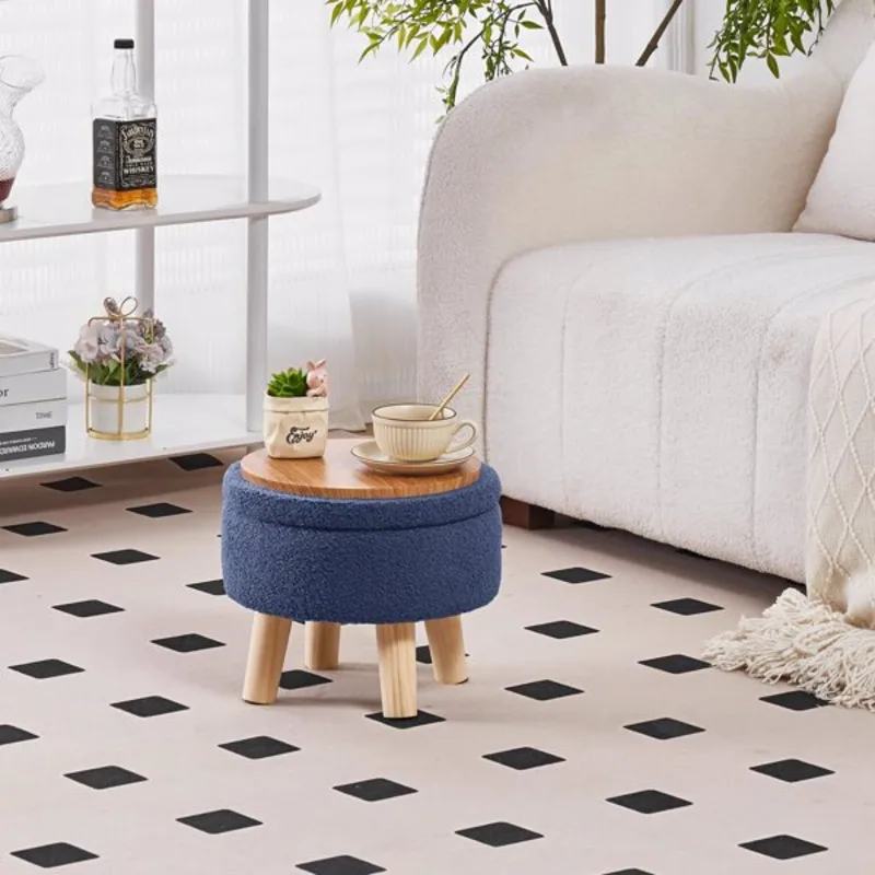 

Storage Ottoman Modern Round Footrest Soft Padded Seat Teddy Velvet Footstool Wood Legs Accent Small Table Plant Stand Living