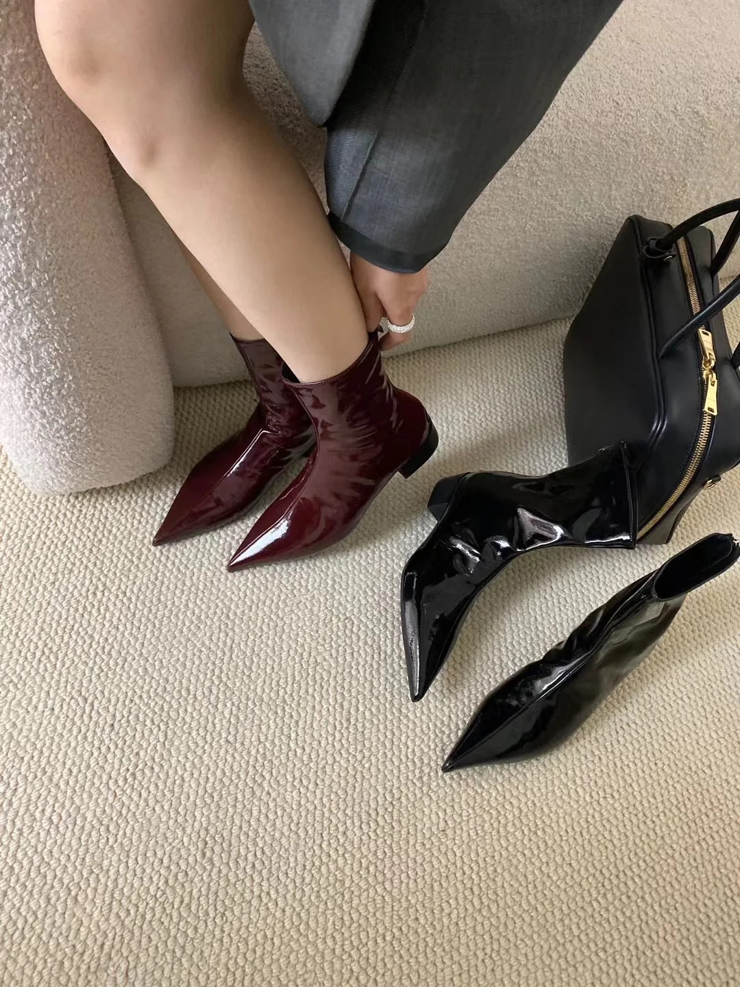 Pointed Toe Women Ankle Boots Patent Leather Sock Botas Flat Low Heels Black Wine Red Slip On Winter Short Bootie Sexy 35-39