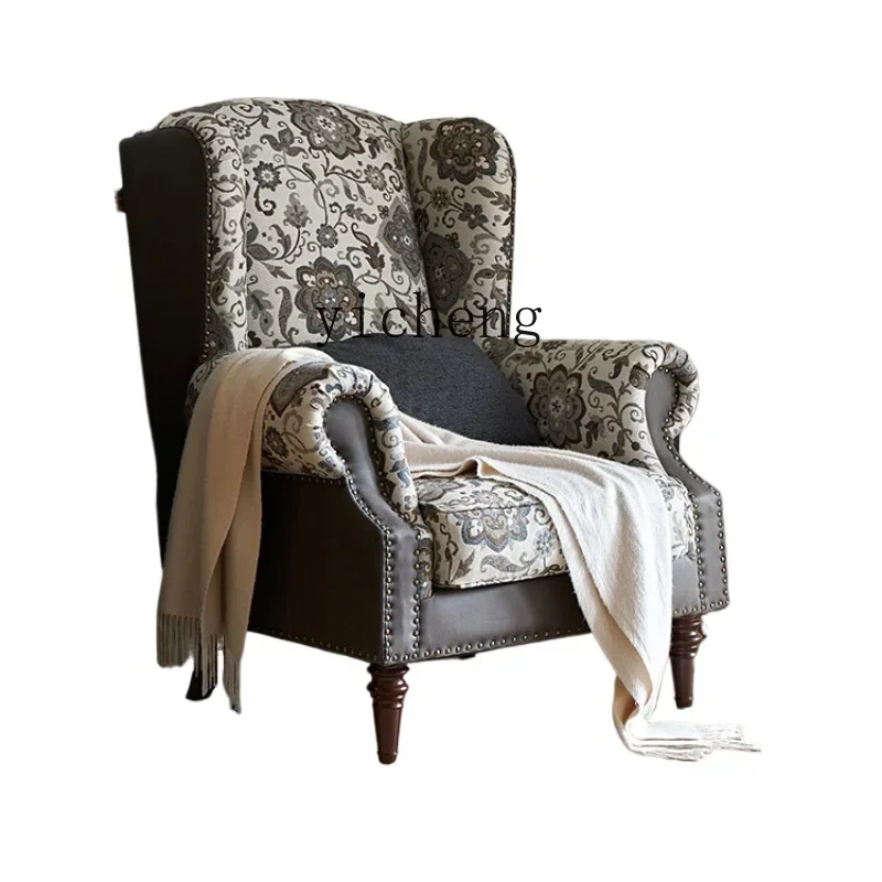 

Retro Single Living Room Sofa Fabric Solid Wood Sofa Bedroom Leisure Couch