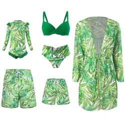 Leaf Print Swimwear Family Matching Outfits Look Mother Daughter Bikini Swimsuits Mommy and Me Clothes Dad Son Swimming Trunks