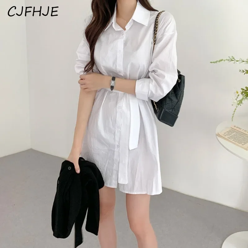CJFHJE Primavera Moda Versátil Lace Up Camisa Feminina Vestido Coreano Gola Flip Único Breasted Mulheres Vestido Clássico de Manga Comprida