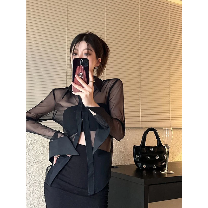 MEXZT Y2K Mesh Sheer Shirts Women Sexy Black See Through Blouses Summer Korean Fashion Aesthetic Long Sleeve Slim Chic Tops New