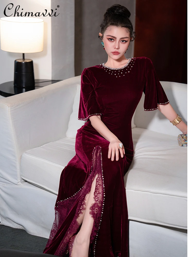

French Elegance Velvet Long Dresses Bead Diamond Round Neck Short Sleeve Lace Splicing High Waist A-line Red Evening Dress Women