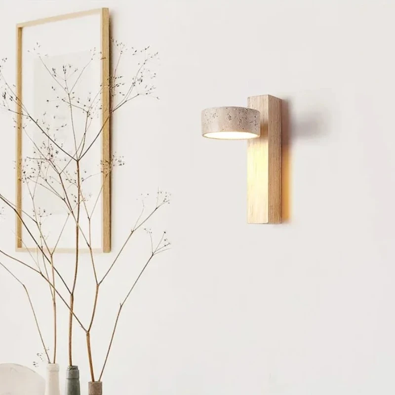 Luma Japanese Wabi Sabi Yellow Travertine Wall Lamp With Pull Chain Switch Rotable LED Wood Stone Lights for Bedside Apartment