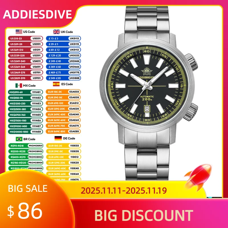 

ADDIESDIVE 2025 NEW Men's Mechanical Watches Sapphire Diver Automatic Watch Stainless Steel 20Bar Waterproof AD2093 Reloj Hombre
