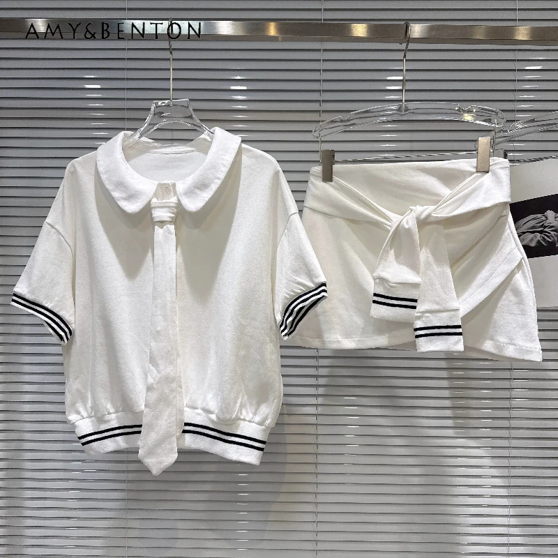 

College Style White Striped Edge Tie Short-sleeved Women's Top 2026 Summer New Sweet Cool Straps Age-reducing Skirt Suit Ladies