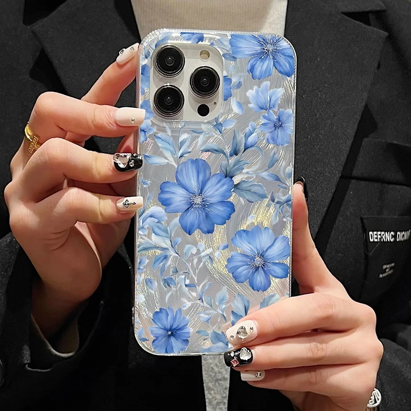 เคสโทรศัพท์สําหรับSamsung Galaxy S24 FE S23 Ultra S21 Plus S22 S25 A16 A36 A56 A55 A53 A54 A52 5Gสีแดงและดอกไม้สีฟ้ารูปแบบ