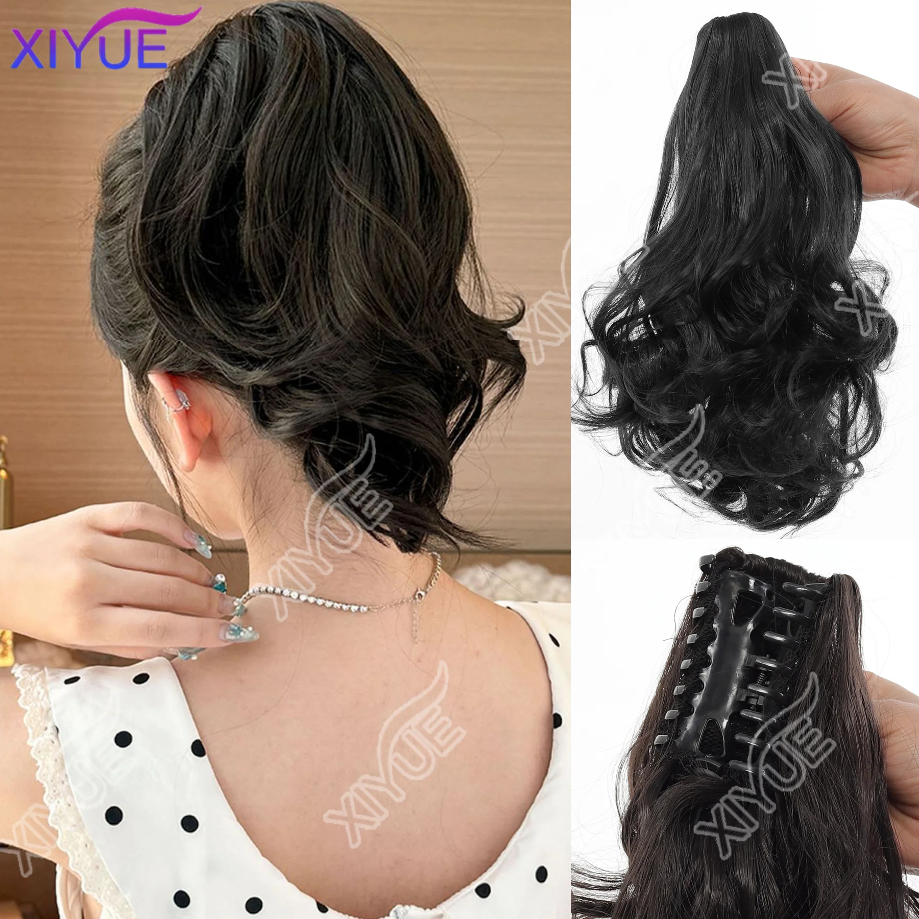 XY paardenstaartverlenging synthetische lange klauw krullende paardenstaart gemengd blond clip-in haarverlenging natuurlijk ogend haarstukje voor dames