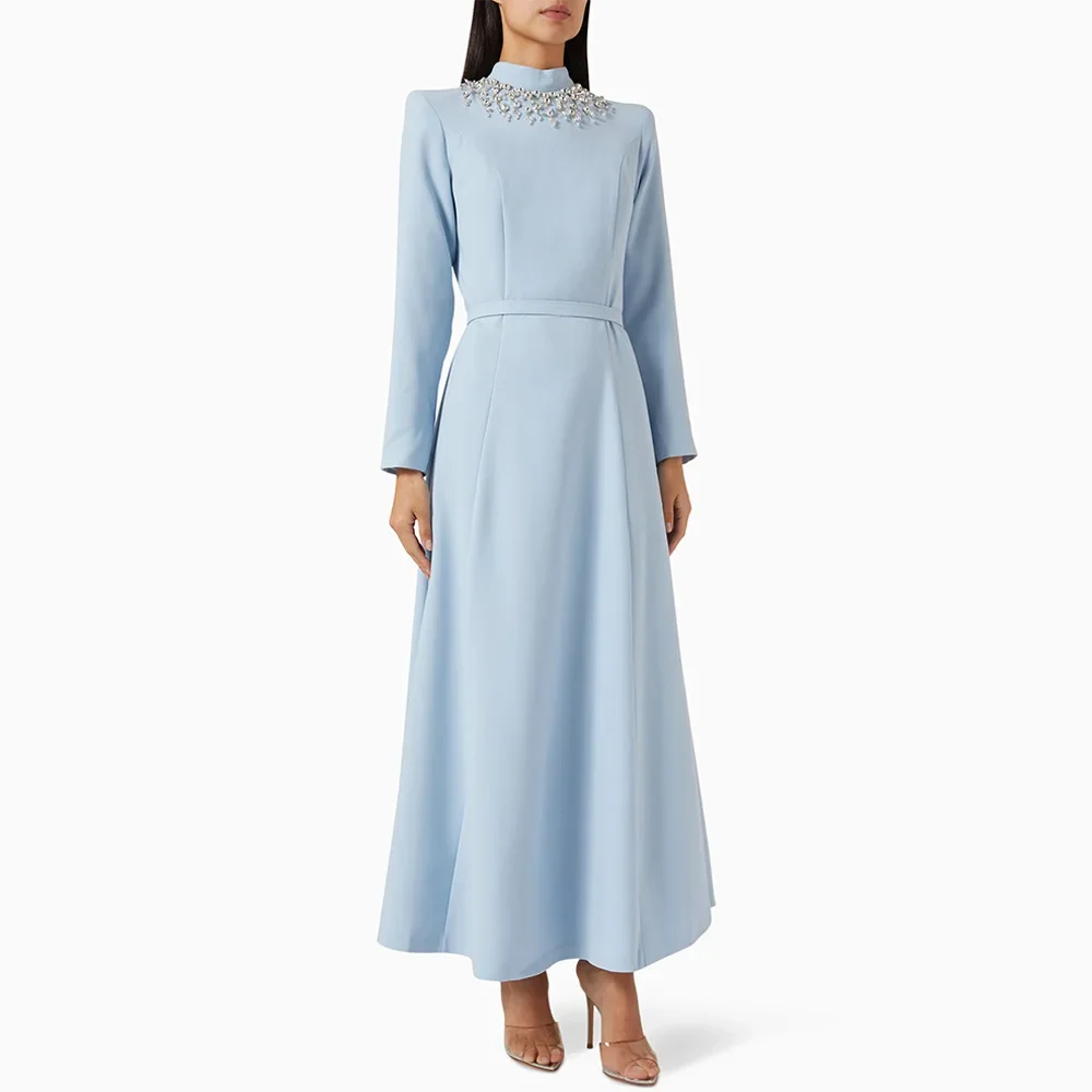 Light Blue Prom Dress Beads High Neck Long Sleeves A Line Pocket Dubai Party Gown for Formal Occasions Eid Evening DressesSY-012