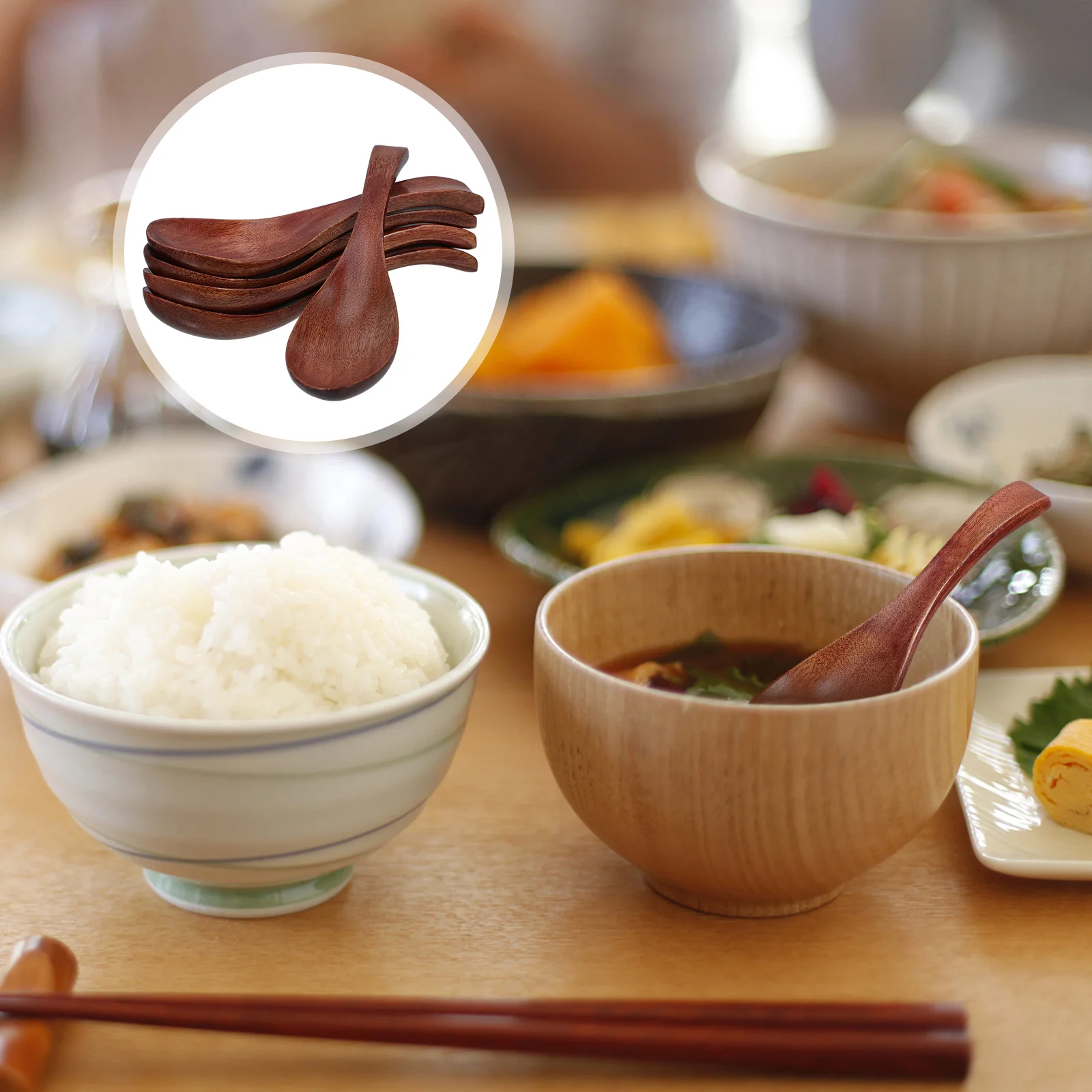 

5Pcs Wooden Rice Paddle Spoon Japanese Style Long Handle Sturdy Wood Ramen Soup Eating Serving Kitchen Utensil