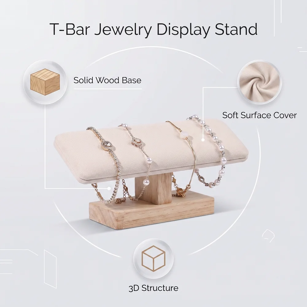 1pc Wooden Base T-Shaped PU Leather / Velvet Bracelet Display Rack Bangle Watch Hairband Jewelry Storage Stand Holder Organizer