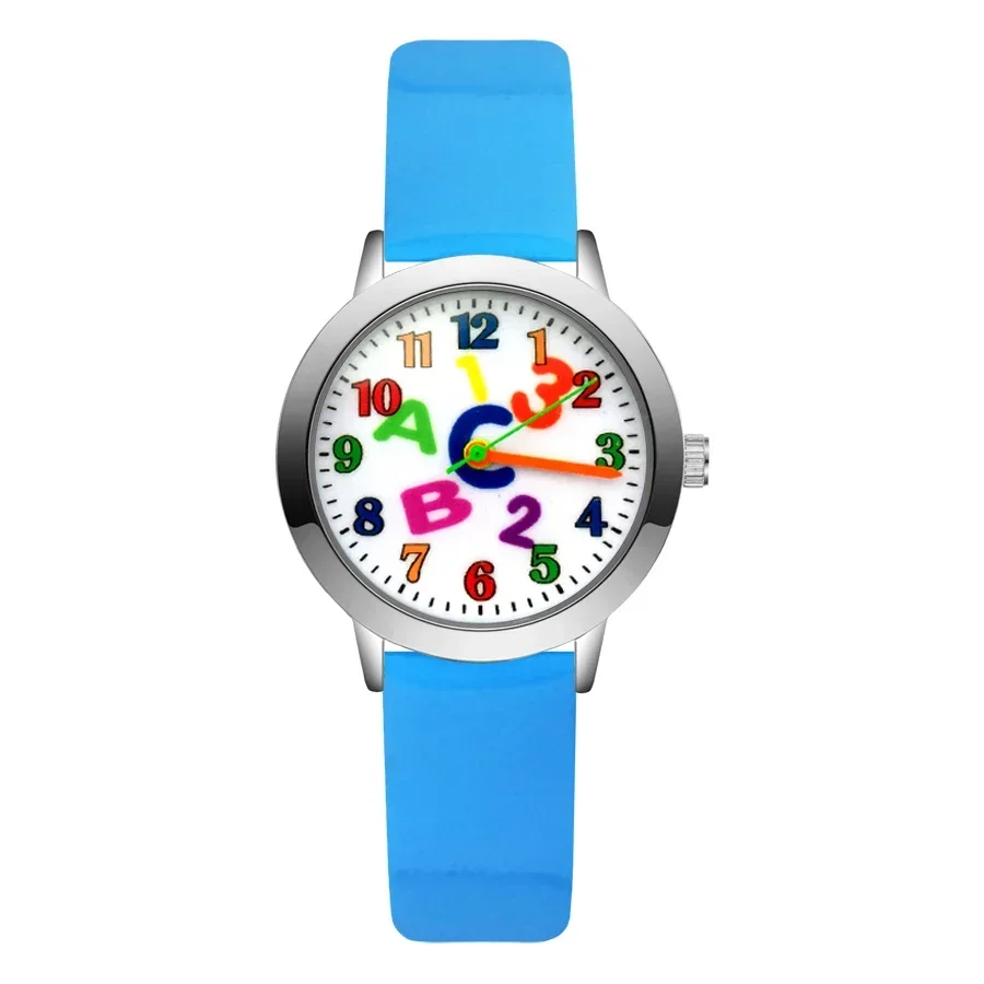 Montre arc-en-ciel en cuir à quartz pour enfants, bracelet en nylon, lettre de dessin animé, marque haut de gamme, vente en gros d'usine, étudiants, filles, garçons