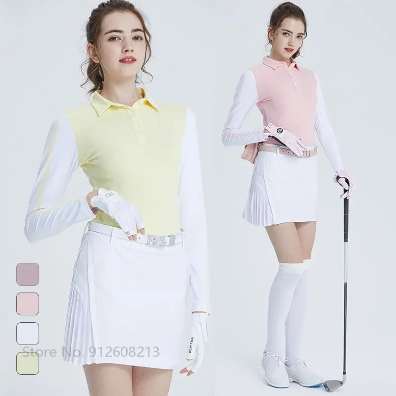 

Blktee Autumn Ladies Sports Patchwork Tops Long-sleeve Golf Shirt Girl Golf Pleated Skirt Women Anti-exposure Culottes Sets