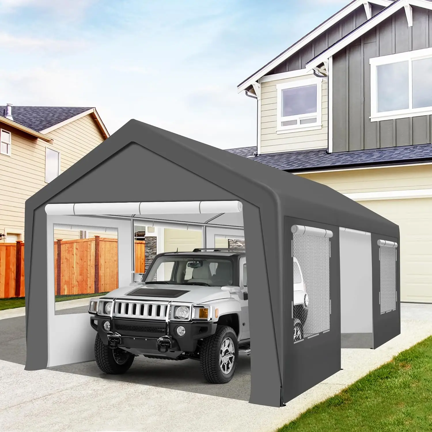 Carport 12X20 Ft Heavy Duty Carport Canopy, Portable Garage With 4 Windows & Side-Opening Door, For Pickup, Boats, Car And