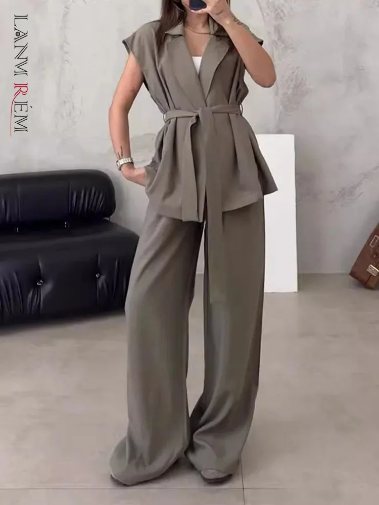 LANMREM Office Lady Two-piece Set For Women Sleeveless Lace-up Gathered Waist Tops With Casual Wide Leg Pants 2024 New 2DA7050