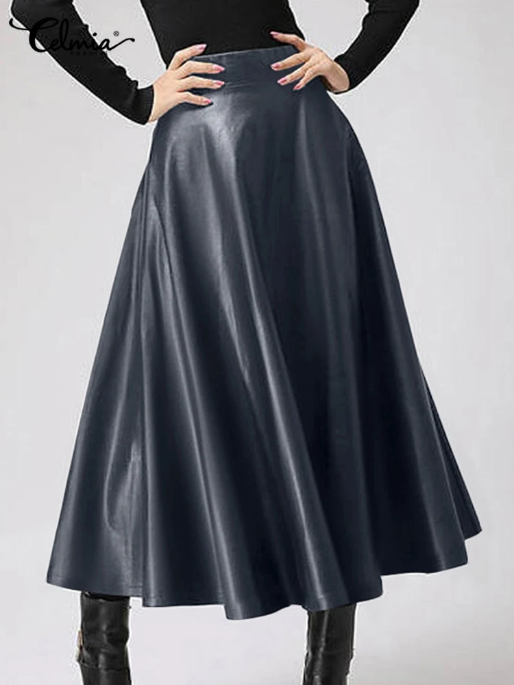 Celmia Fashion Women Long Skirts 2024 Spring PU Leather Faldas Elegant High Waist A-line Midi Skirt Casual Loose OL Swing Jupes