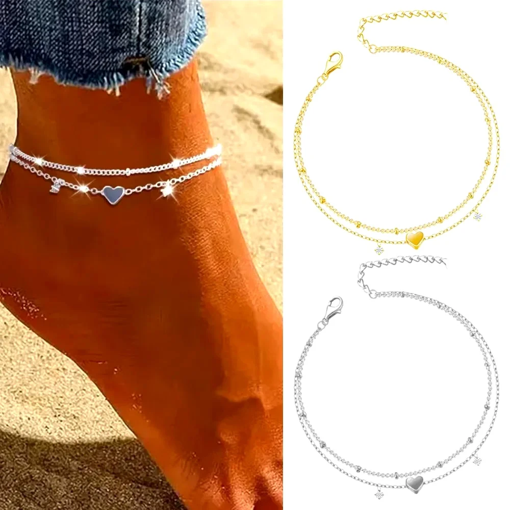 Bohemia Girl CZ Anklet Bracelets Waterproof Heart Charm Chain Anklets for Women on Foot Leg Summer Beach Barefoot Jewelry