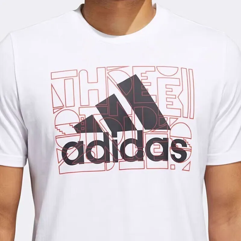 Adidas Men's Stylish Fitness T-shirt,With a Pure White Base and Unique Pattern Design,It's a Trendy Choice for Summer Sports