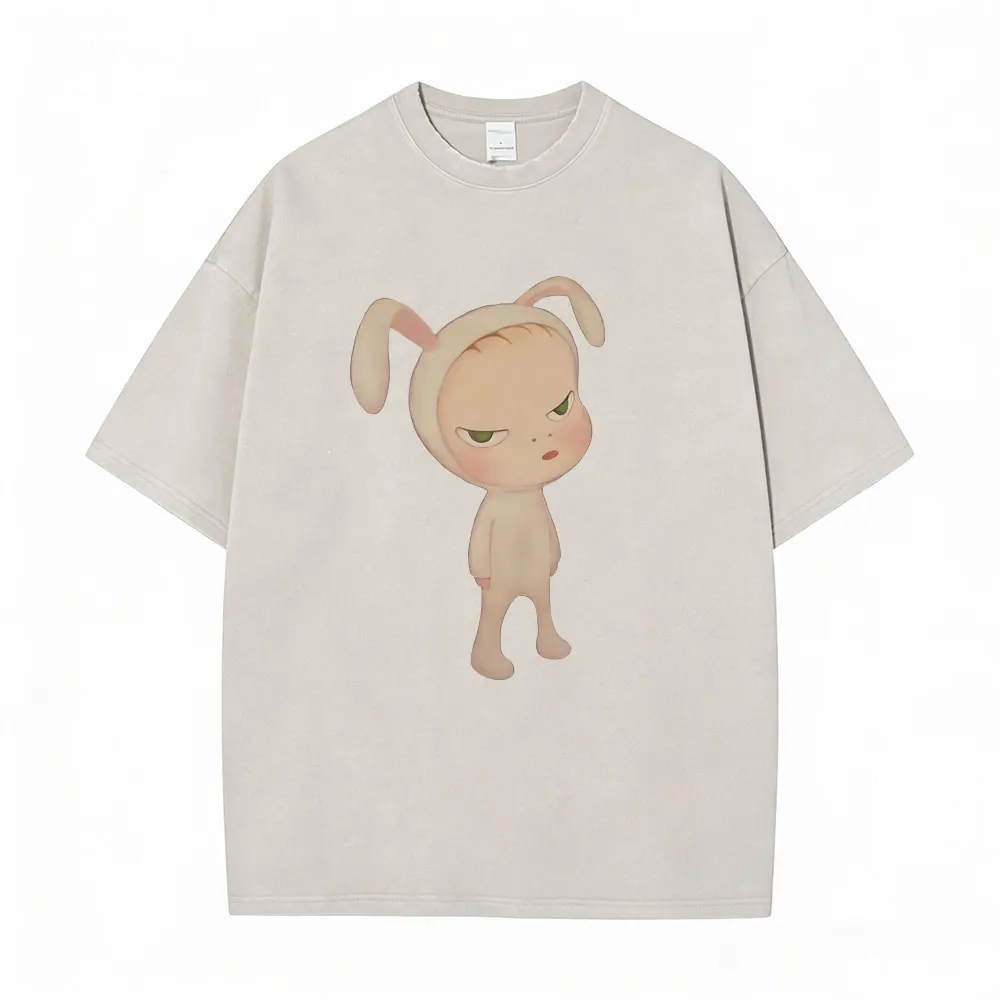 

Washed Vintage Yoshitomo Nara Baby Bunny Costume Graphic T-shirt Men Women Funny Cartoon Oversized T-shirts Male Cotton T Shirts