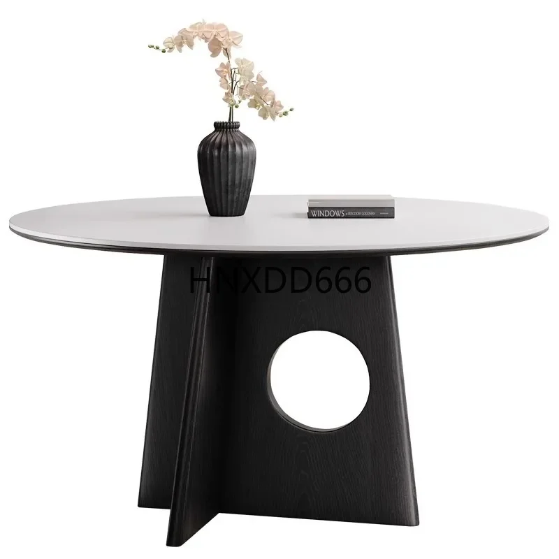

Medieval Solid Wood Round Dining Table with Rock Slab - New French Retro Style for Small Apartments, Cream Finish