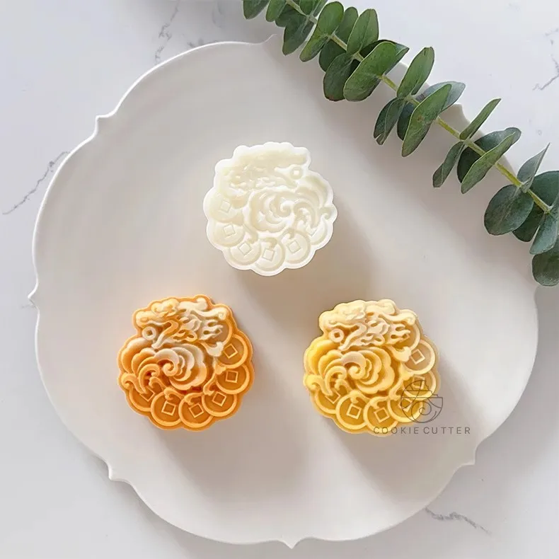 50g Chinese Coin Dragon Pattern Moon Cake Mold Spring Festival Fortune Stamp Creative DIY Dessert Pastry Baking Decoration Tool