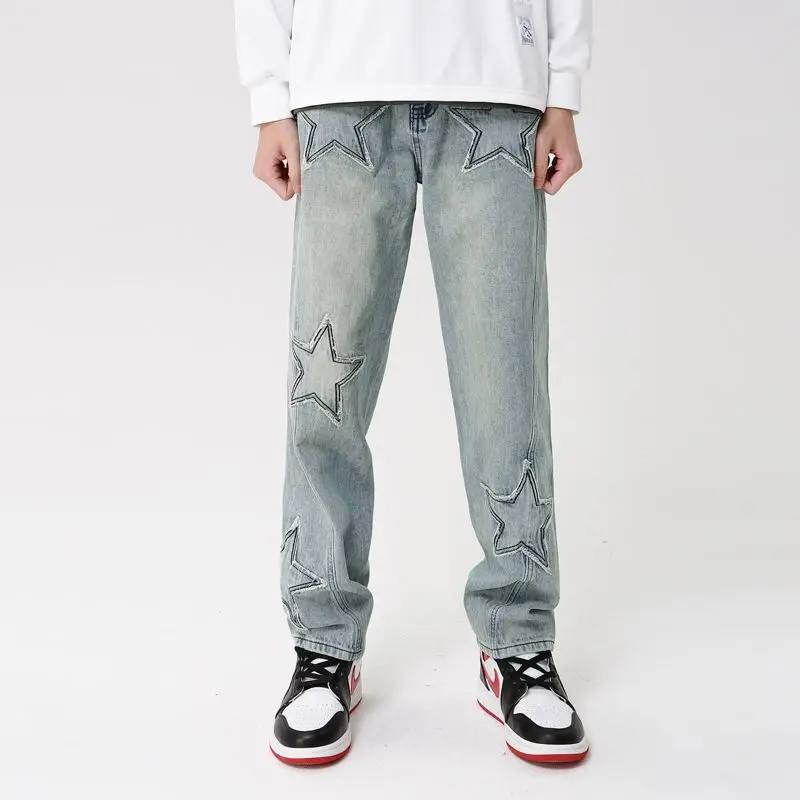 Men Star Patch Denim Jeans Spliced Blue Cotton Pants Straight Fit Trousers