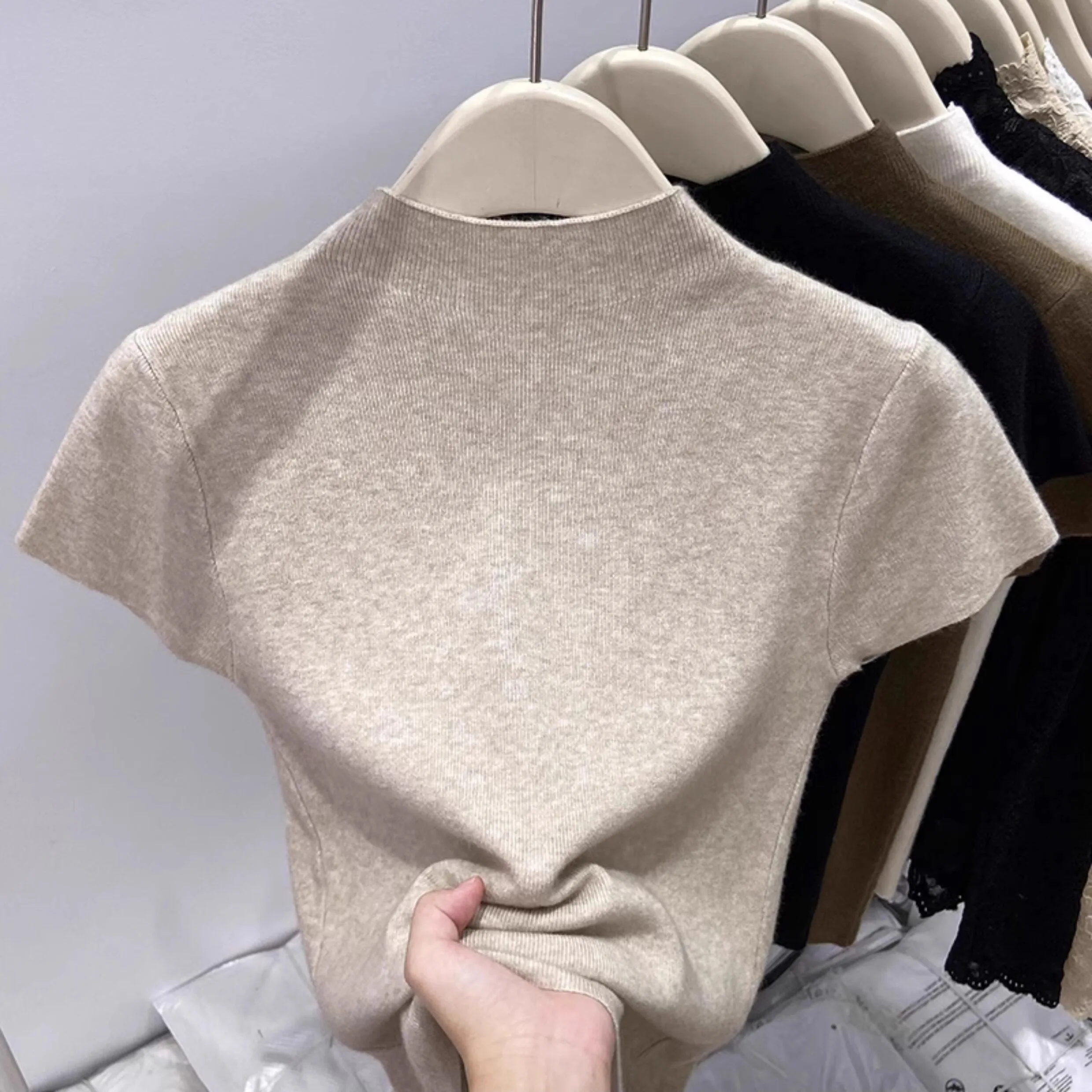 2026 Spring Summer New Slim Elegant Basic Layering Tops Women Turtleneck Flutter Sleeve Knit Short Sleeve T-shirt