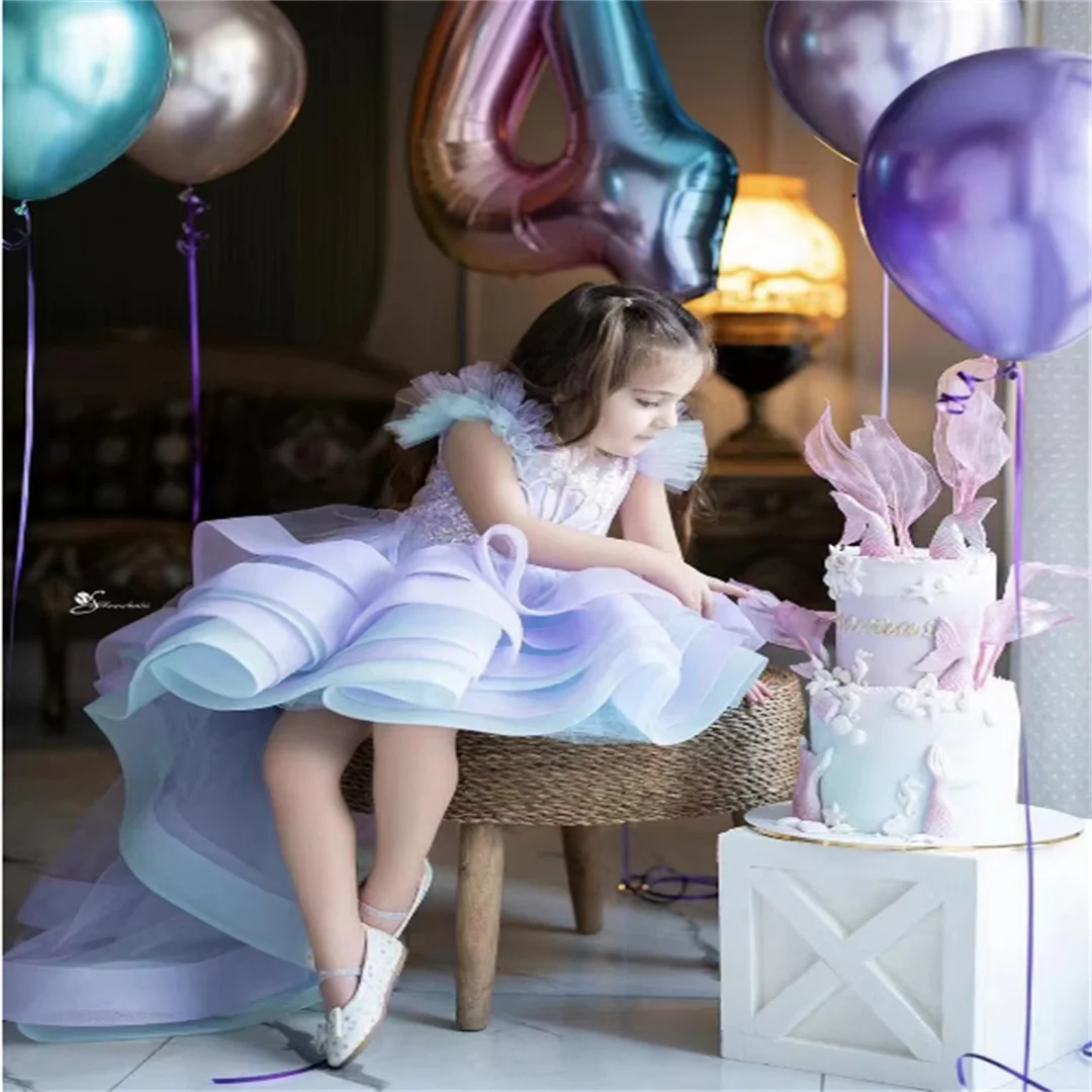 Vestido de niña de flores en capas azul y morado para boda, perlas, lentejuelas, volantes, sirena, fiesta de cumpleaños para niños, primera comunión