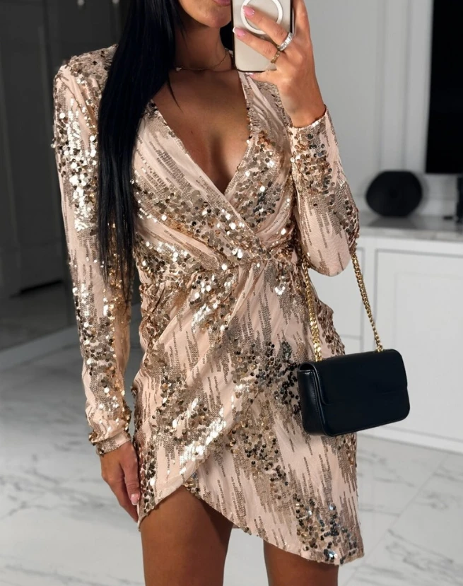 

Women's Sexy Ruched Plunge Long Sleeve Sequin Dress Temperament Female Fashion Asymmetrical Long Sleeve Elegant Party Dresses