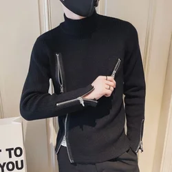 Motorcycle Men's Clothing Turtleneck Pullovers Zipper Knit Sweater Male High Collar Zip-up Black Neck Y2k Streetwear A Heated X