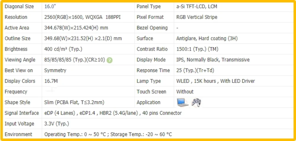 LP160WQ2-SPF1 LP160WQ2 SPF1 16 inch QHD 2560x1600 Laptop Display LCD Screen No-touch IPS Panel