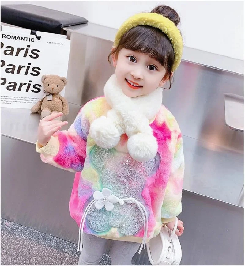 Girls Winter Baby Sweet 3D Sequin Work Cartoon Full Fleece Sweatshirt Jacket Kids Track Coat Tops Child Pullover Jumper 2-8Years