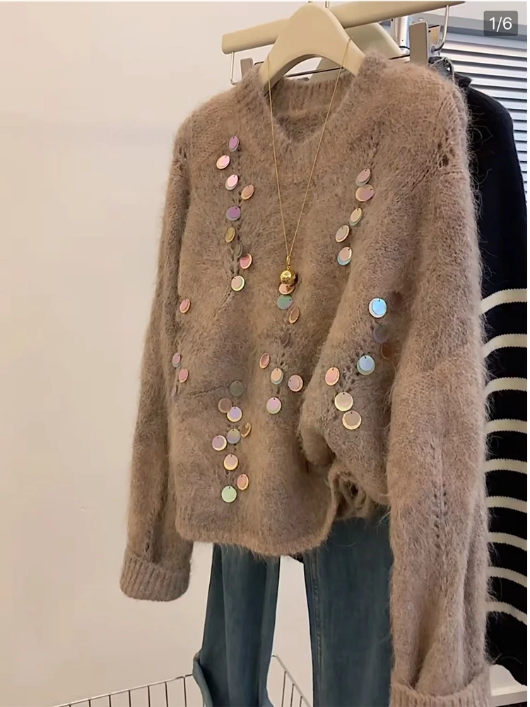 스팽글 여성 니트 스웨터 헤비 인더스트리 디자인 레이지 슬레 레트로 소프트 라운드 넥 스위트 슬레 겨울 2024