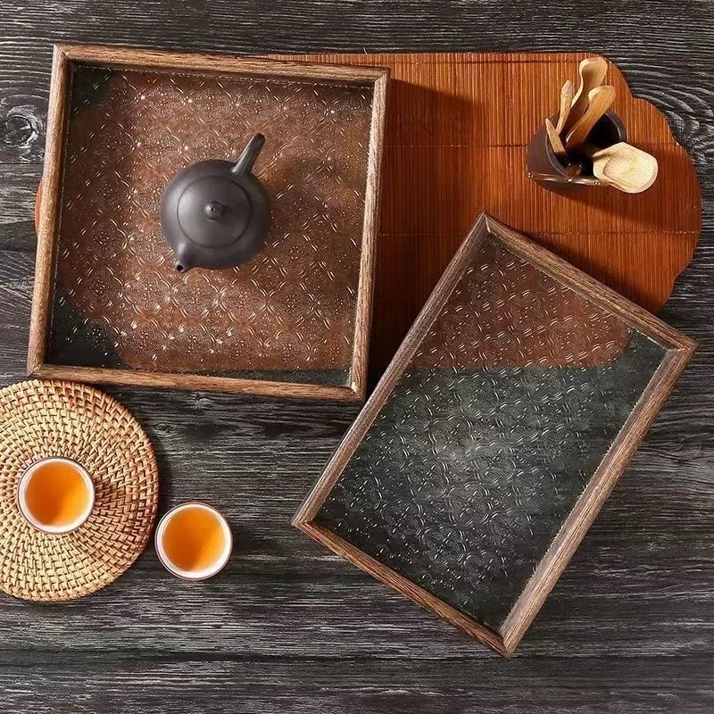 

Wooden Glass Food Tray Tea Tray Walnut Storage Tray Restaurant Kitchen Accessories Fruit Snack Dessert Decoration Tray