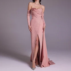 Saudi Arabia Evening Gowns Floor Length Off the Shoulder Satin 3/4 Sleeves Panel Train Pleats Crystal Special Occasion Gowns