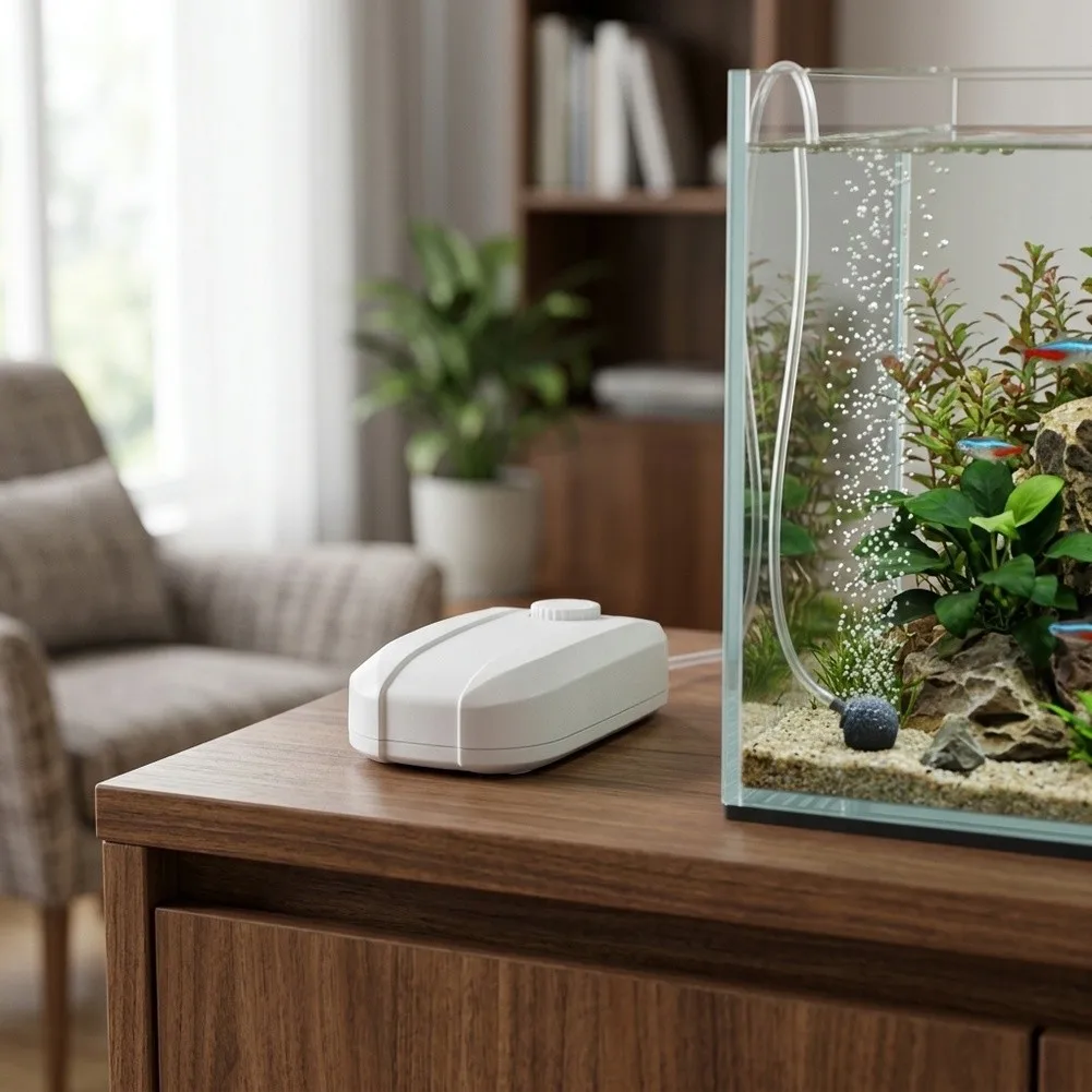 Silent 8W Aquarium Air Pump 220V Dual Outlet 2-4L/MIN for Tanks 70L-700L Compact 15x10x10cm White ABS Material