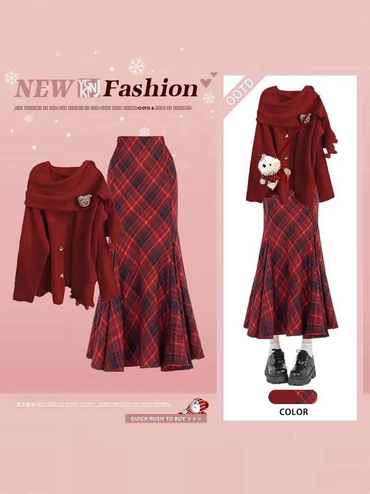 

Зимний плащ Ele Aosphere, свитер в клетку, юбка с хвостом Fi, молодежный нежный комплект футболок для повседневных случаев