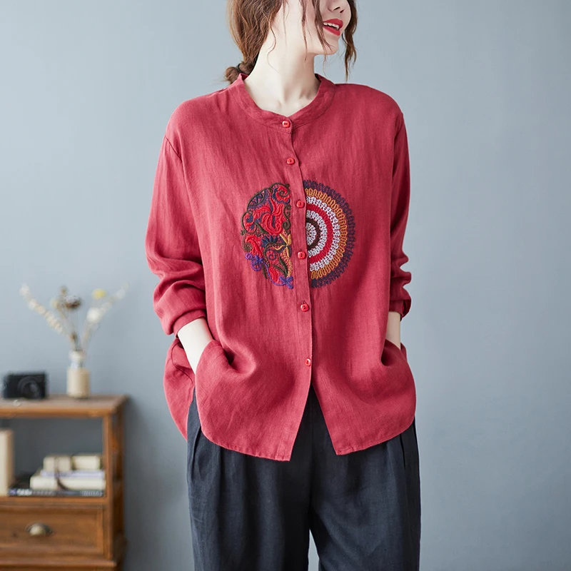 

Ретро-этническая вышитая хлопково-льняная блузка с длинным рукавом для женщин, новая весенняя коллекция, свободная повседневная модель больших размеров с воротником-стойкой, стройнящая фигуру