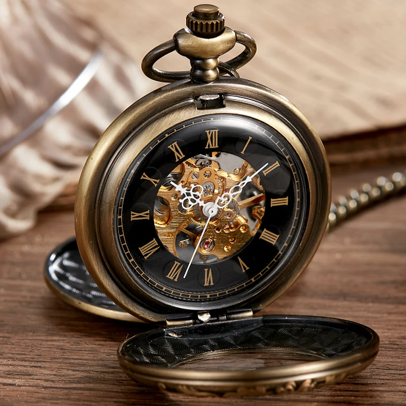 

New 2 Sides Open Gift Carving Mechanical Pocket Watch Men Women FOB Hand Wind Double Hunter Roman Numerals