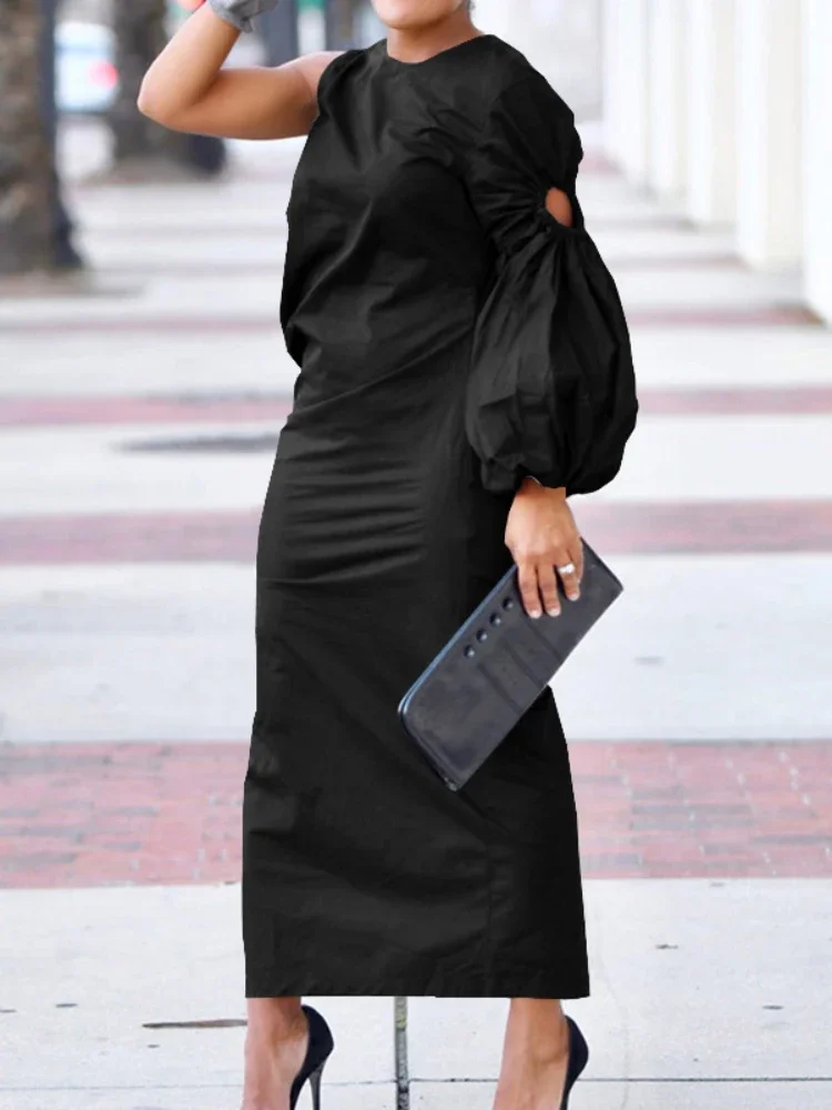 Femmes découpe une manches longues froncé côté fendu Maxi moulante robe mi-longue 2025 hiver Vintage Sexy robes de soirée