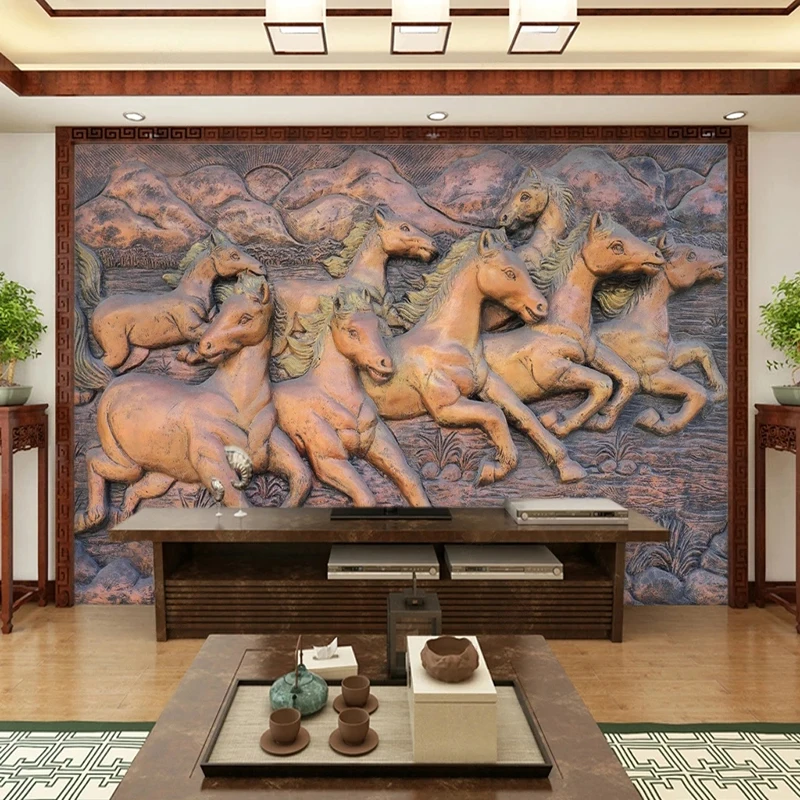 Custom Any Size Mural Wallpaper 3D Copper Color Classical Eight Horses Wall Painting Living Room Bedroom Dining Room Art Fresco