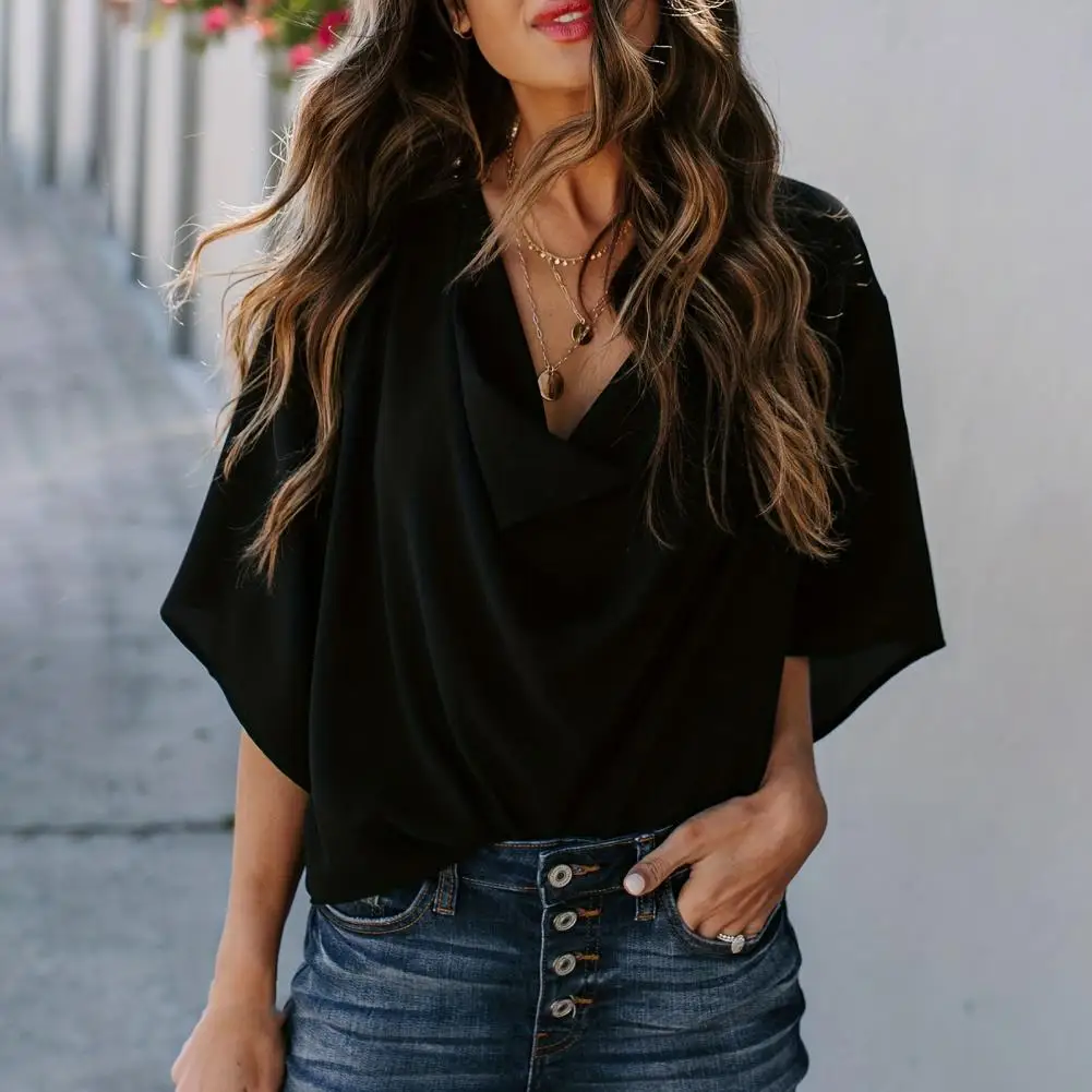 Loose Fit Blouse Flared Sleeve V-neck T-shirt Loose Fit Pleated Neckline Breathable Chiffon Fabric for Summer Streetwear Summer