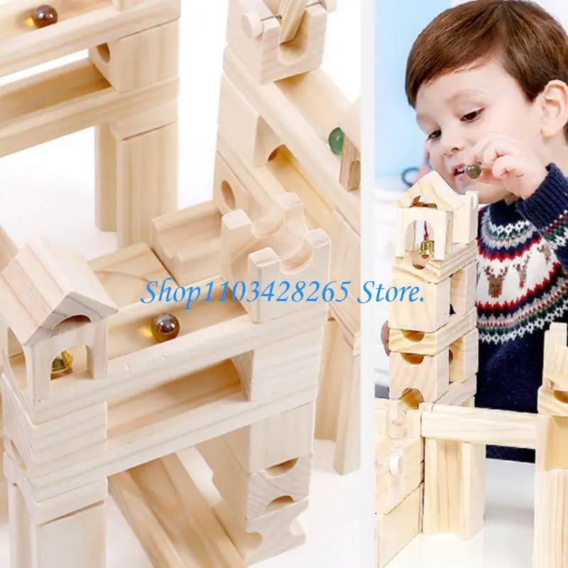 60pcs Wooden Marble Track Assembly Building Blocks Ball Puzzle Children Educational Kids Gift G2TE