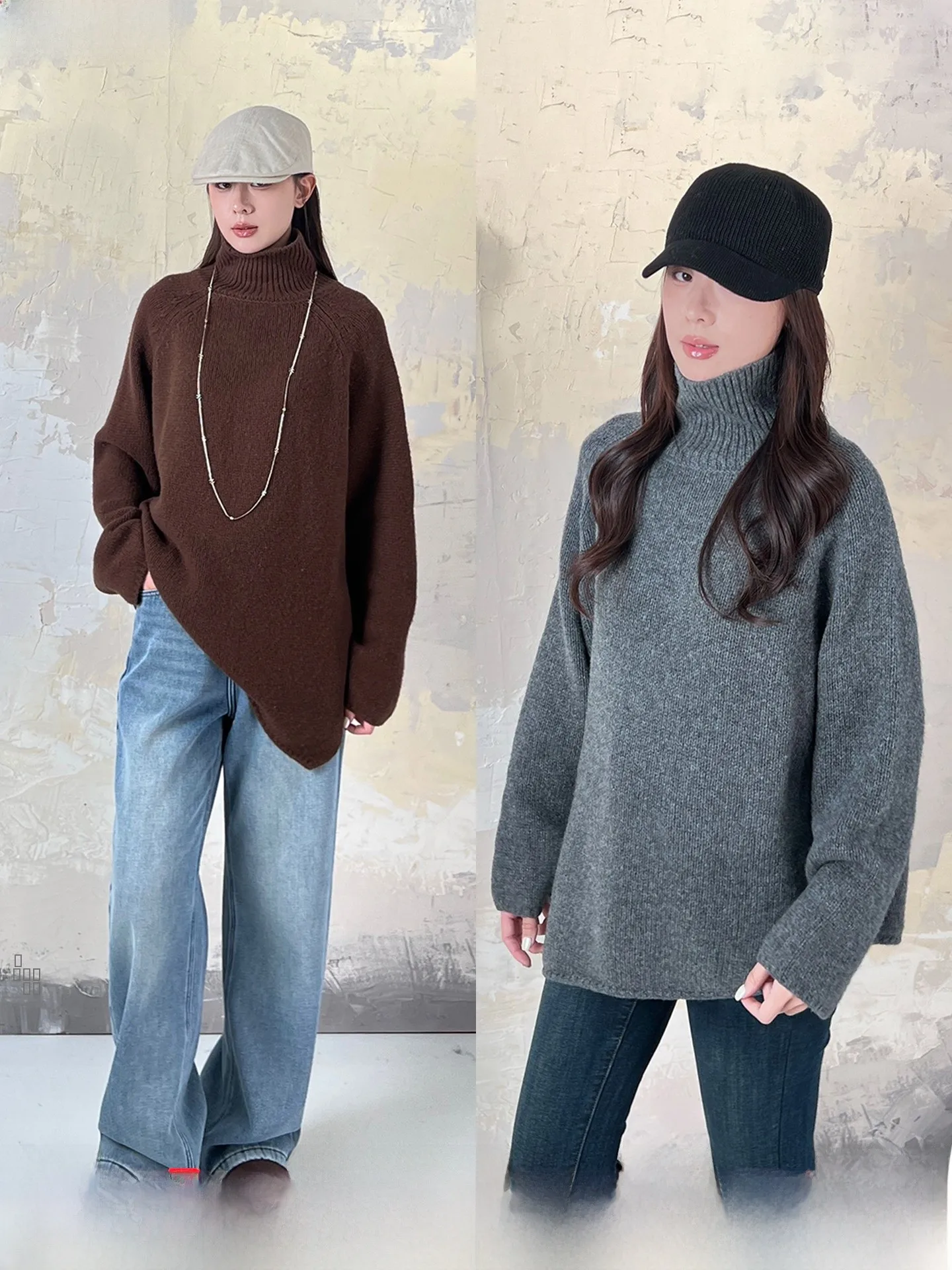 

Свободный крой, вязаный свитер с высоким вырезом, асимметричный подол, вставка на плечах, ленивый зимний Новое поступление, женский модный шерстяной топ