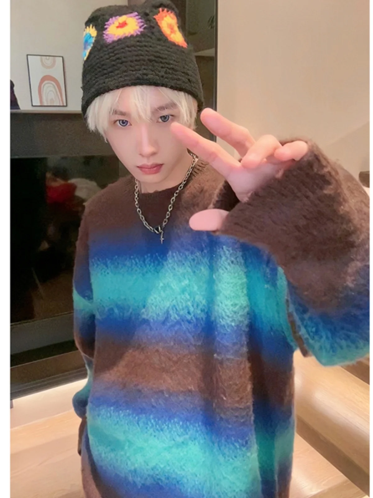 

Мужской свитшот оверсайз с круглым вырезом и цветными полосками, осенне-зимняя новинка, модный брендовый топ для подростков