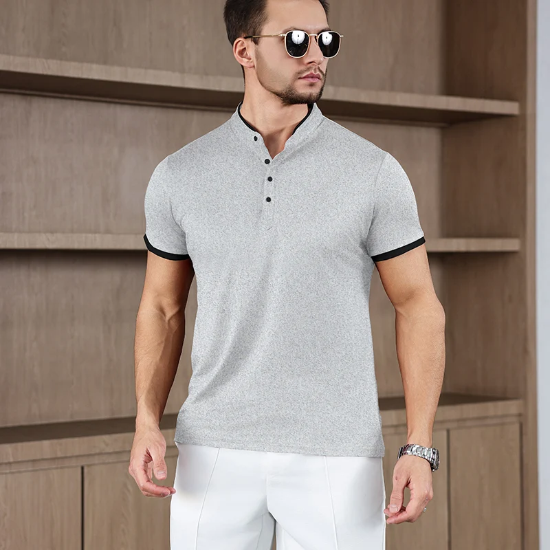 

Men's Casual Fashion Solid Color Short Sleeve Stand up Collar T-shirt 2025 Summer Versatile Comfortable Top