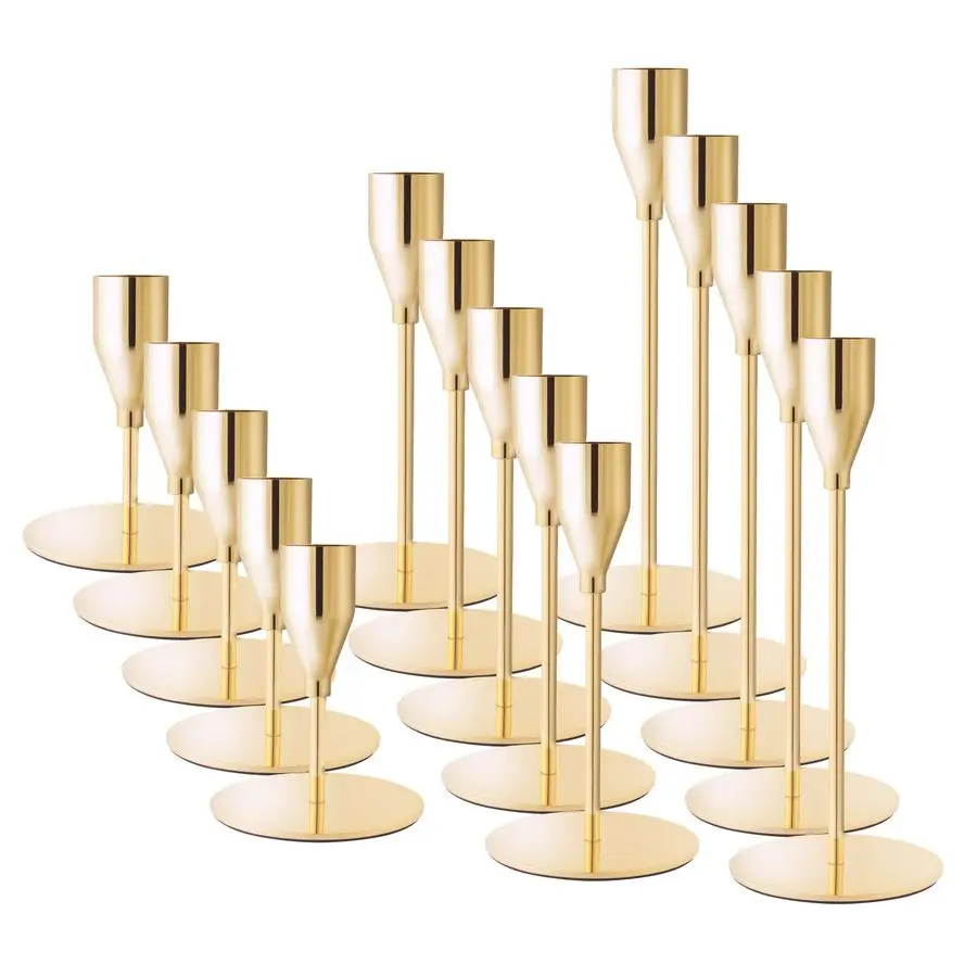 

Gold Taper Candle Holders for Wedding Table Centerpiece,Tall Taper Candlestick Holders Bulk Set of 15,Metal Candle Stick Holders