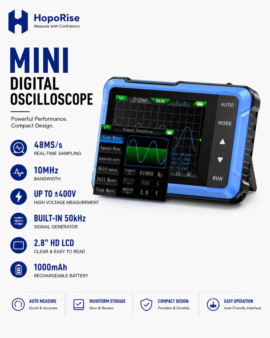 FNIRSI DSO510 Pocket Oscilloscope 10MHz 48MS/s 1CH Digital Scope Kit ±400V 11 Waveforms 50KHz Function Generator