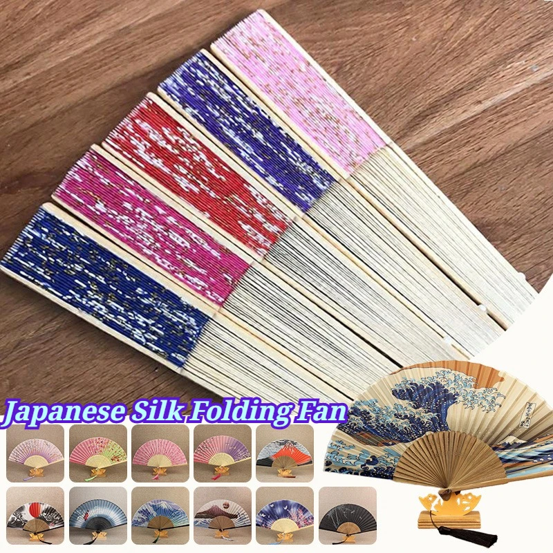 Japanese Silk Folding Fan Wa Style Cherry Blossom Wave Pattern Decorative Fan Japan Style Wall Hanging Home Shop Decor